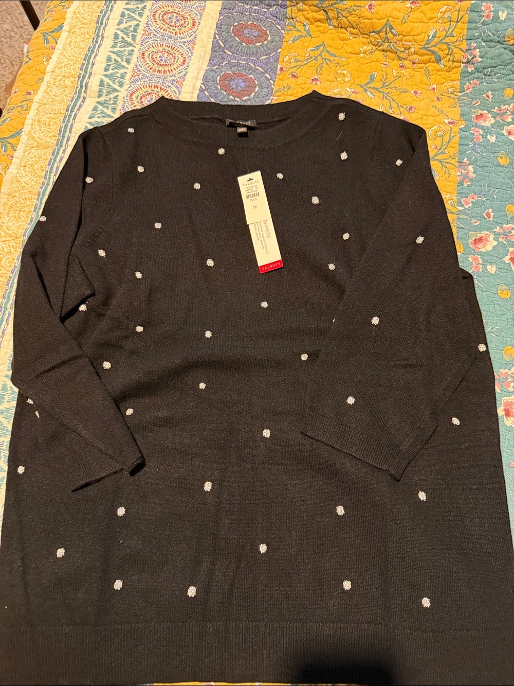 Talbots Black & Metallic Silver Polka Dot Cashmere Crewneck Sweater